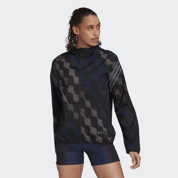 Noir Coupe-vent à capuche de running Marimekko Run Icons 3-Stripes RH125