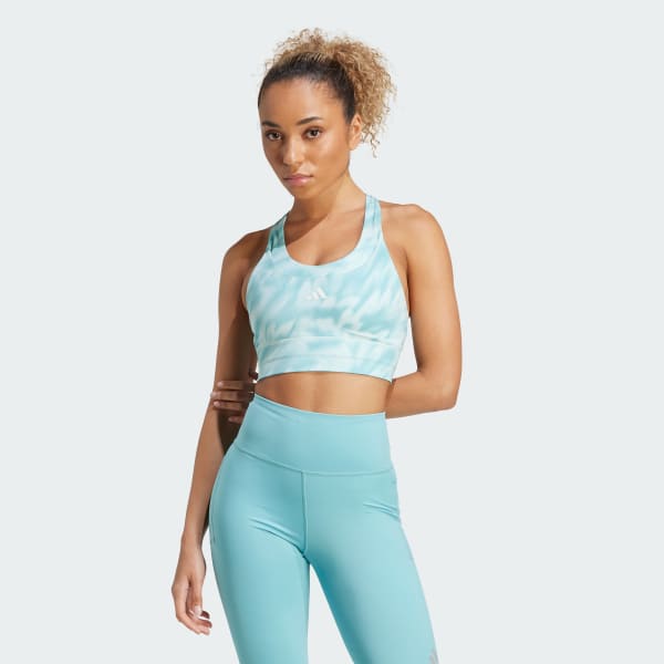 Turquesa Top deportivo de sujeción media con bolsillo para correr con estampado integral