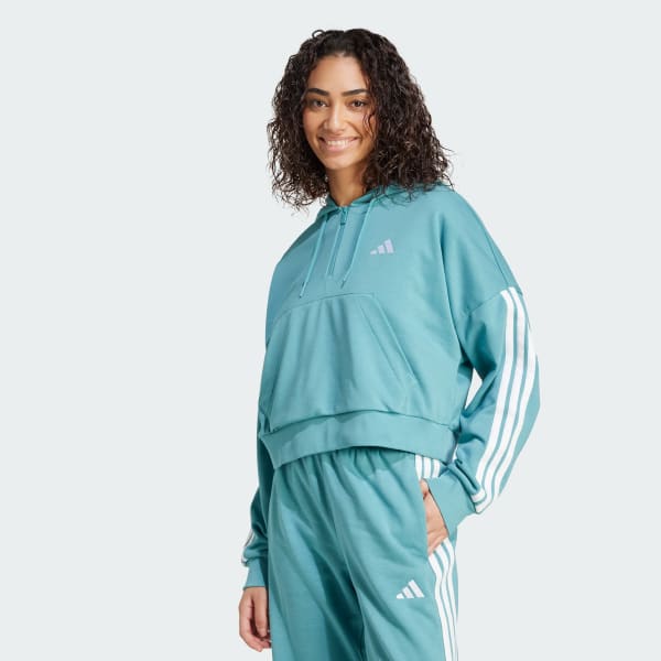 tyrkysová Mikina Essentials 3-Stripes French Terry Quarter-Zip