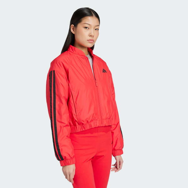 adidas Chamarra Bómber Corta Térmica Essentials Franjas Rojo