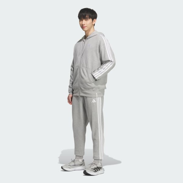 グレー エッセンシャルズ プラス レギュラーフィット スリーストライプス フレンチテリー カフパンツ