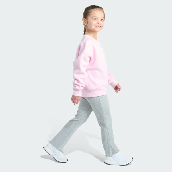 Pink 2-Piece Long Sleeve Crewneck Fleece Pullover & Ribbed Flare Pant Set

