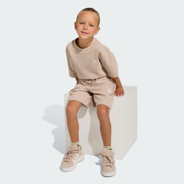 Beige Lockeres Waffle-Set aus Shorts und T-Shirt