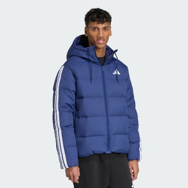 Blauw Essentials Climawarm 3-Stripes Pufferjack met Dons en Capuchon