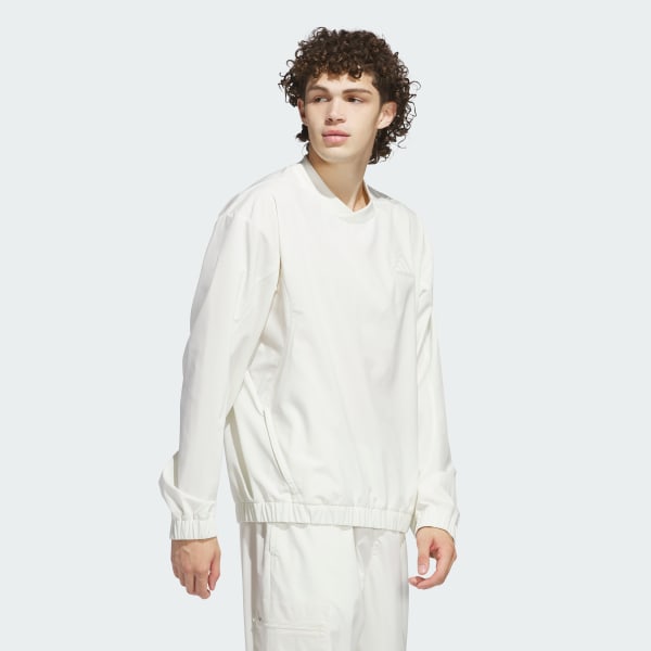 White Woven Pullover Crew Sweatshirt