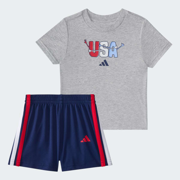 Two-Piece Short Sleeve Graphic Cotton Heather Tee and 3-Stripes Shorts Set