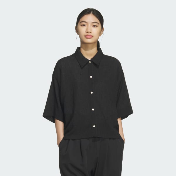 ブラック SOFTLUX シアー ルーズフィット 襟付き 半袖シャツ