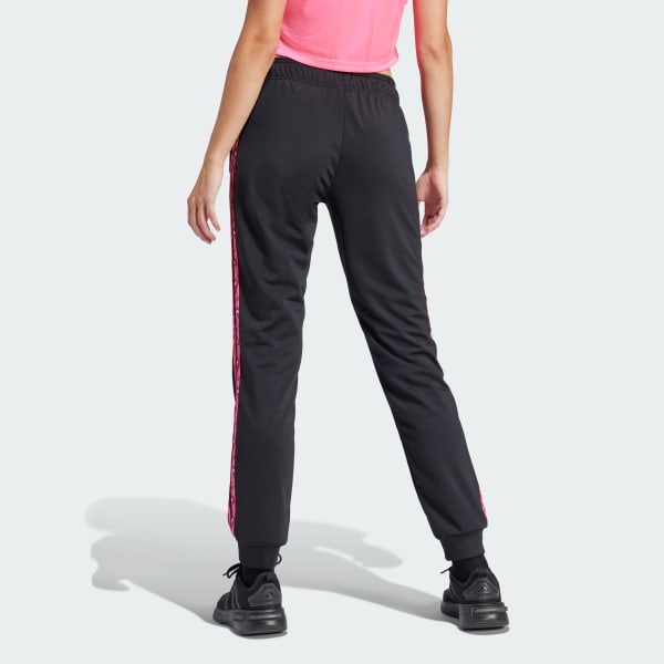 Negro Pantalón Deportivo Essentials 3 Rayas Tejido Tricot con Animal Print y Pierna Cónica