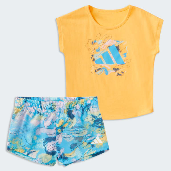 Yellow Sleeveless Tee All Over Print Woven Short Set