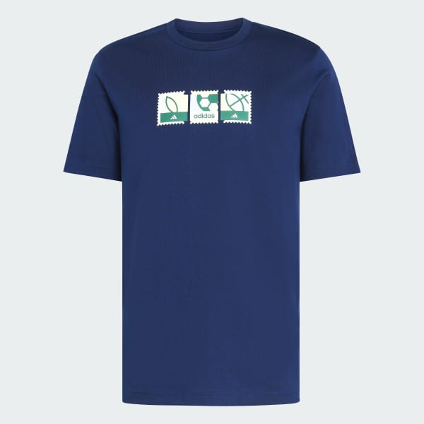 สีน้ำเงิน เสื้อยืดพิมพ์ลาย MEMORIES OF SPORT STAMPS