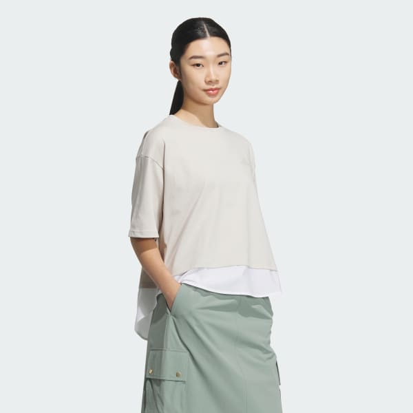 ベージュ レイヤード ルーズフィット半袖コットンTシャツ