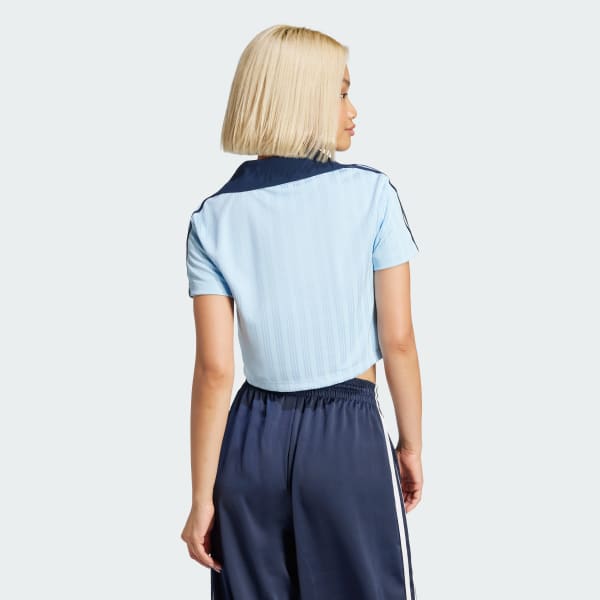 Blue Adicolor Football Jacquard V-Neck Crop Polo Shirt