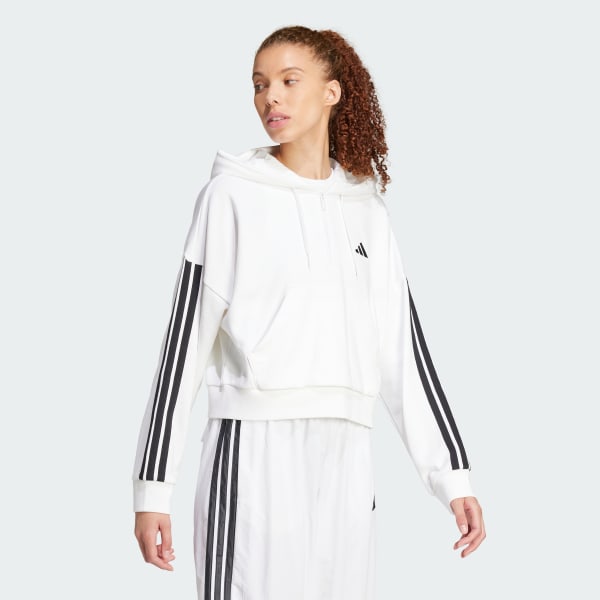Blanc Sweat-shirt à capuche zip 1/4 french terry 3 bandes Essentials