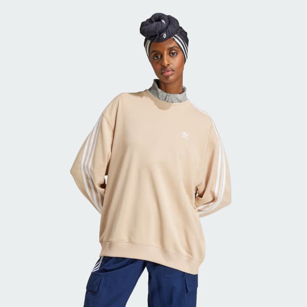 Beige 3-Stripes Oversized Crew Sweatshirt