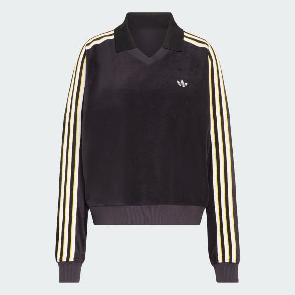 Preto Polo de felpa com gola em V e mangas compridas