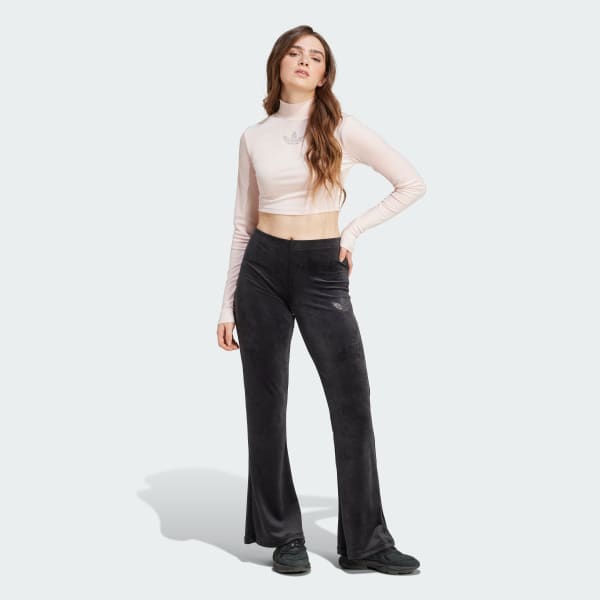 Pink Long Sleeve Rhinestone Trefoil Velvet Crop Top