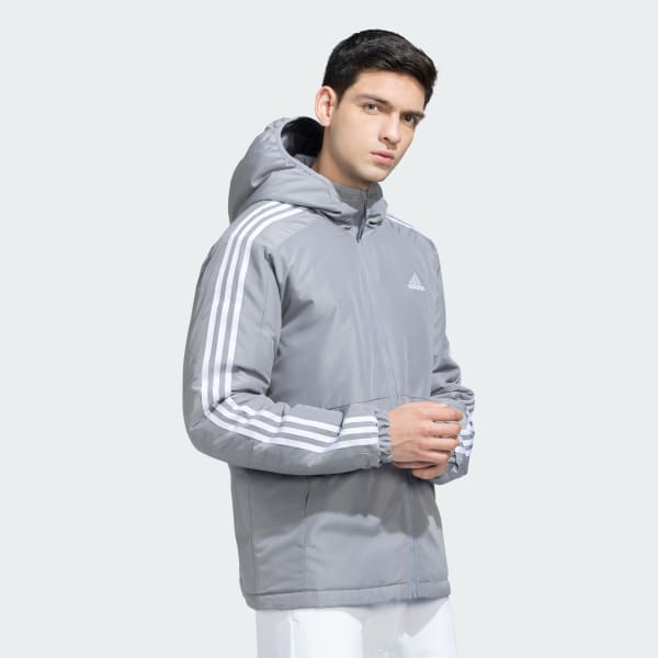 adidas Essentials 3-Stripes Insulated Hooded Jacket - Grey