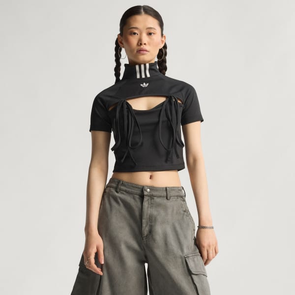 【関税・送料込み】adidas リボン カットアウトクロップトップス アディダス リボン カットアウト クロップトップス - ブラック