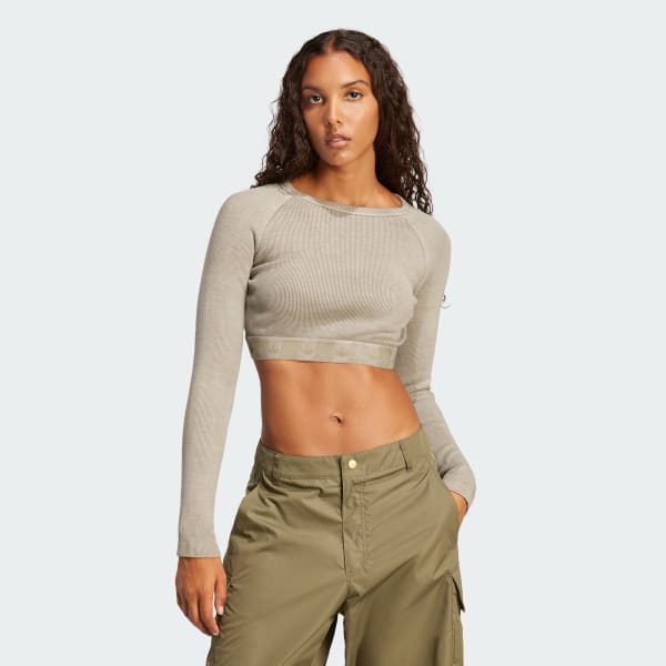 adidas Ribbed Long Sleeve Crop Top - Green | Free Shipping