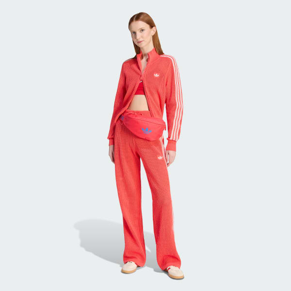 Red KNITTED CROCHET FIREBIRD TRACK PANTS