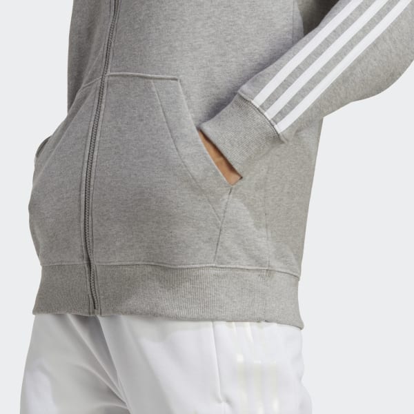 Szary Essentials 3-Stripes French Terry Regular Full-Zip Hoodie
