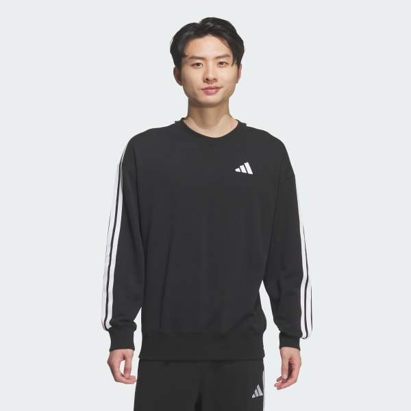 Black 에센셜 플러스 루즈 핏 3-스트라이프 프렌치테리 스웨트셔츠