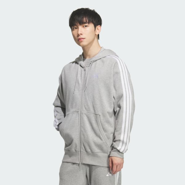 Grey 에센셜 플러스 루즈 핏 3-스트라이프 프렌치 테리 전장 지퍼 후디