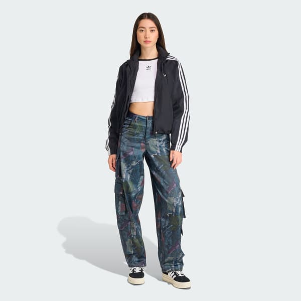 ブラック アディダス オリジナルス リーフ カモフラージュプリント サテン カーゴパンツ / adidas Originals Leaf Camo Print Satin Cargo Pants