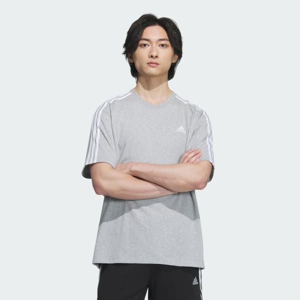 グレー エッセンシャルズ プラス ルーズフィット スリーストライプス 半袖Tシャツ