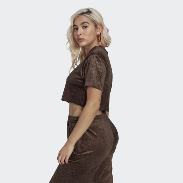 Brown Crop Velvet Embossed Monogram Tee VX473