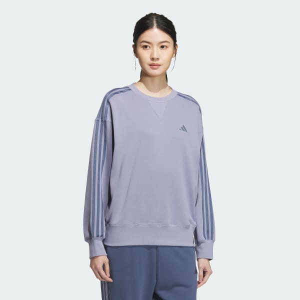 Purple 에센셜 플러스 3-스트라이프 프렌치 테리 크루 스웨트셔츠