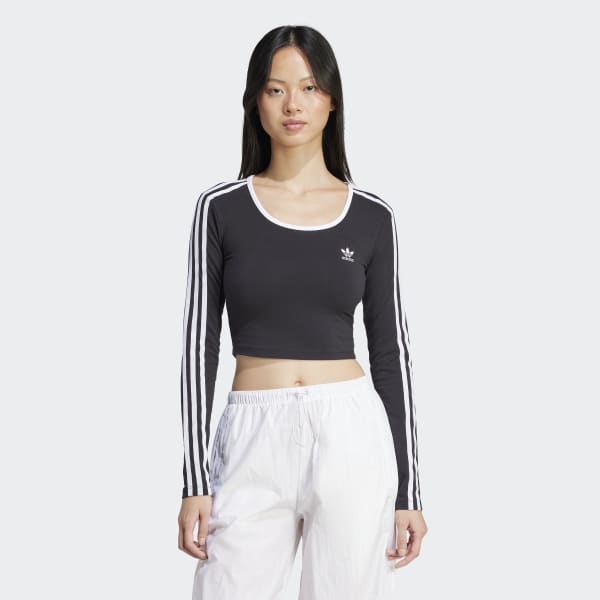 adidas ブラック クロップドジャージ　長袖シャツ アディダス 長袖クロップドジャージー - ブラック | アディダス