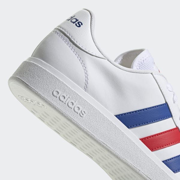 White adidas hotsell with blue stripes