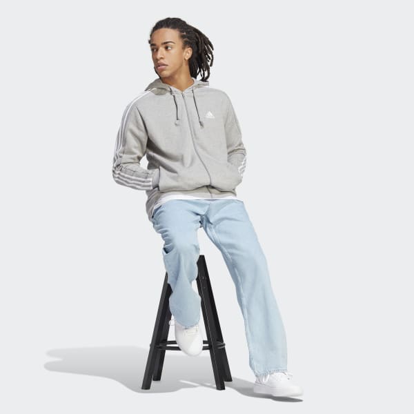 Szary Essentials French Terry 3-Stripes Full-Zip Hoodie