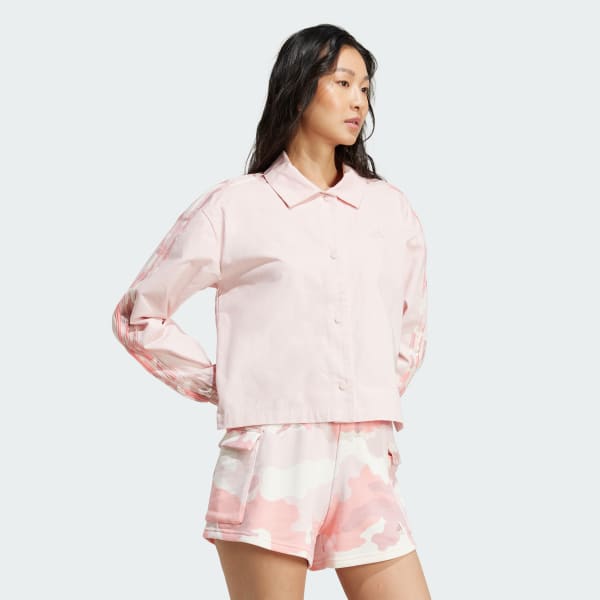 Pink Essentials Camo Printed 3-Stripes Twill Coach Jacket