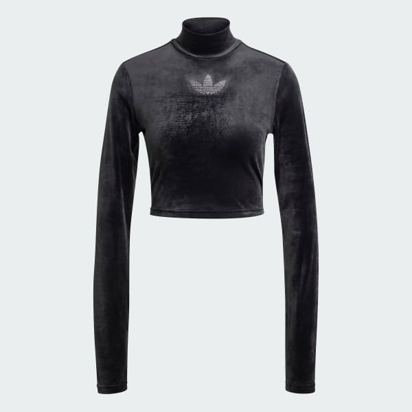 Black Long Sleeve Rhinestone Trefoil Velvet Crop Top