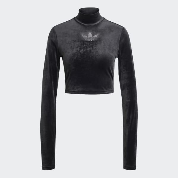 adidas Long Sleeve Rhinestone Trefoil Velvet Crop Top Black adidas Thailand