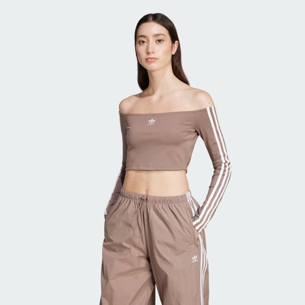 Brown Adicolor Off Shoulder Long Sleeve Tee