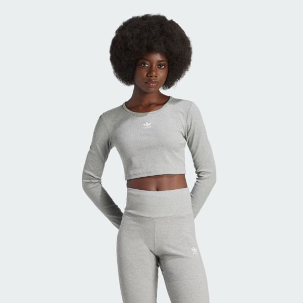 Grey Essentials Ribbed Crop Long Sleeve Tee