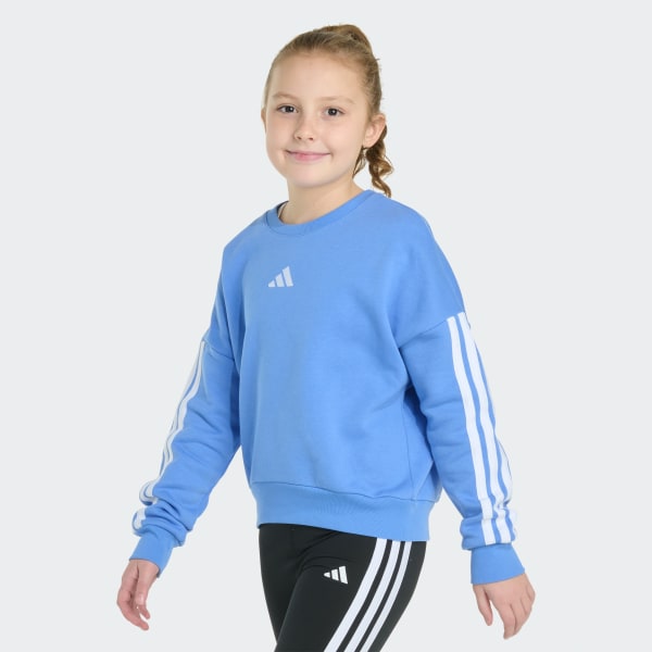 Blue Long Sleeve 3-Stripes Crewneck Fleece Pullover Sweatshirt


