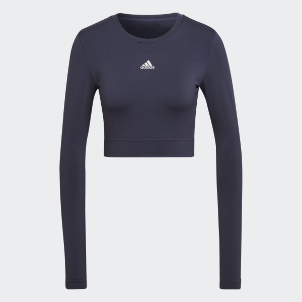 Blauw adidas AEROKNIT Seamless Fitted Cropped T-shirt VZ121