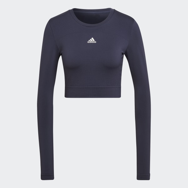 Blue adidas AEROKNIT Seamless Fitted Cropped Tee VZ121