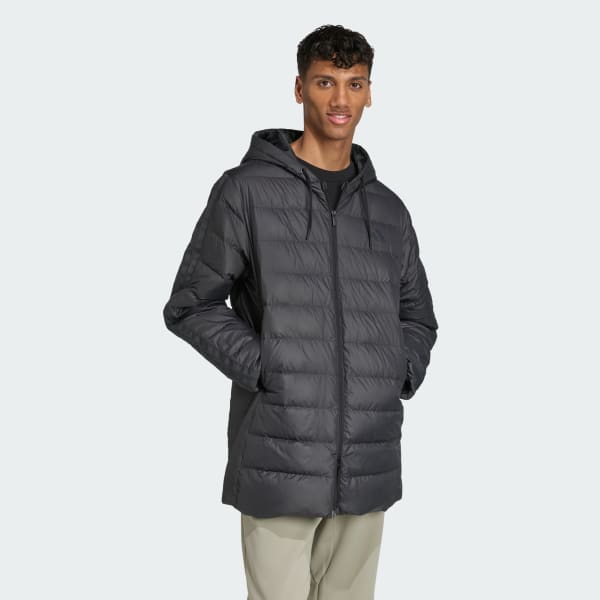 cerná Parka Essentials CLIMAWARM 3-Stripes Light Down s kapucí