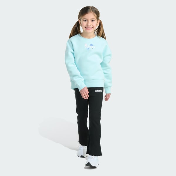 Turquoise 2-Piece Long Sleeve Crewneck Fleece Pullover & Ribbed Flare Pant Set

