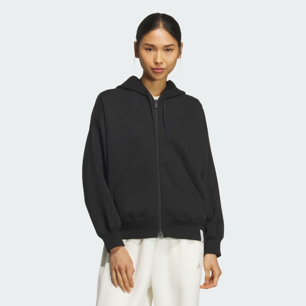 ブラック エッセンシャルズ プラス スリーストライプス スペーサーニット ルーズフィット フルジップ パーカー