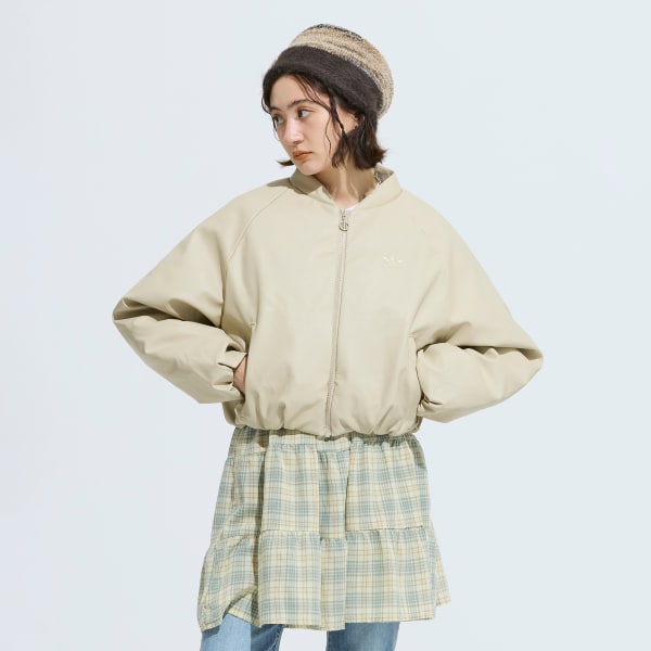 ベージュ プレザー ボンバー 人工ダウンジャケット
