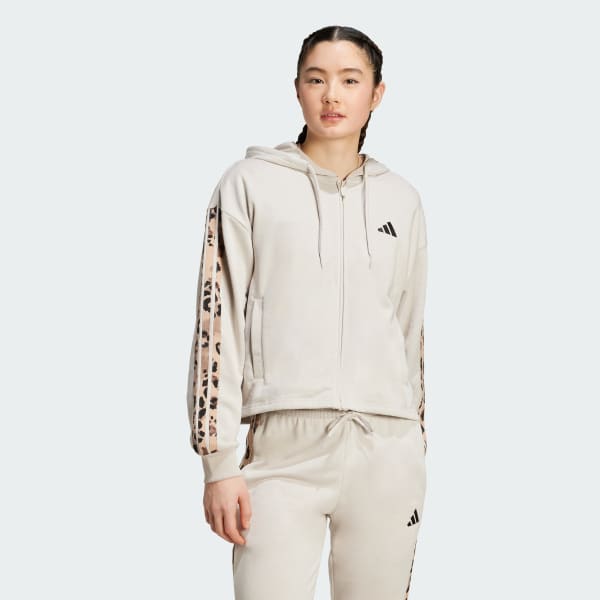 Beige Sudadera de 3 Franjas con gorro y cierre frontal de tela french terry con estampado animal print