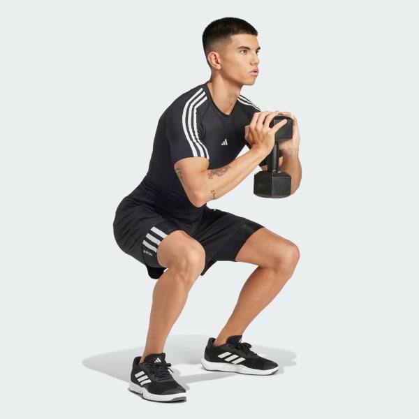 Schwarz TECHFIT Compression Training 3-Streifen T-Shirt