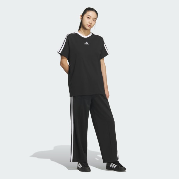 Black 트라이콧 루즈 핏 스트레이트 오픈 헴 팬츠