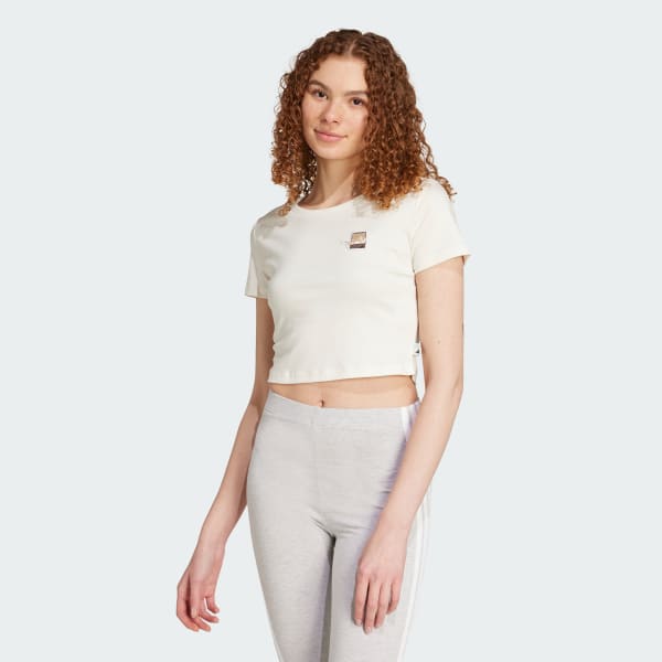 Putih T-Shirt Grafis Cat Patch Crop